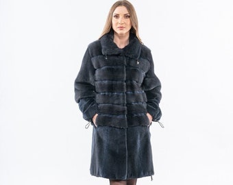 Navy blue real mink fur coat with drawstrings. Long line full skin mink fur stroller. Women's clothing, modern fur coat. Luxury gift for her