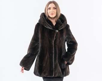 Hooded olive - brown saga mink fur coat, balloon line. Winter fur coat, warm coat, custom size. Full skin mink fur. Luxury fur gift for her.