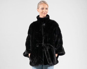 Black saga mink fur cape with belt, high neck collar, 3/4 sleeves. Real mink fur cape, winter women's outerwear. Luxury fur gift for her.
