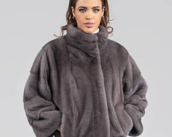 フォックスカラー付きグレーミンクファージャケット、レディース