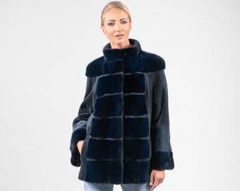 Navy blue mink fur jacket, high neck collar. Winter women's fur outerwear. Real full skin mink fur stroller. Luxury Christmas gift for her.