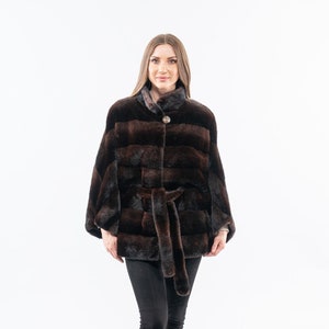 Brown mink fur cape, short collar, mink fur belt. Full skin real mink fur stroller. Women&#39;s outerwear, winter cape. Christmas gift for her.