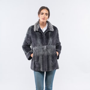 Full skin grey blue real mink fur jacket with stand collar. Sheared winter womens fur jacket. Modern womens clothing. Luxury gift for her.