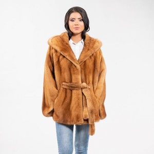 Gold-brown mink fur cape with hood and belt. Real winter fur women cape, custom size. Full skin mink fur stroller. Luxury fur gift for her.