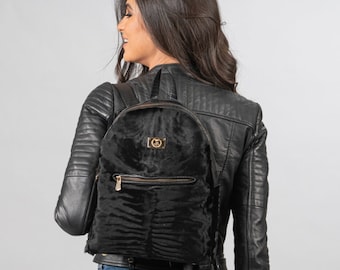Black real astrakhan backpack with genuine black leather. Women fur bag, school bag, shoulder bag, fur rucksack, laptop bag, fur accessory.