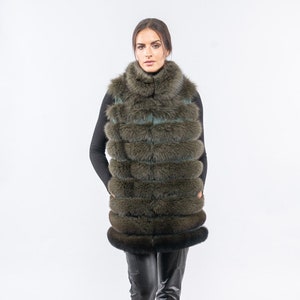 Long real fox fur vest with genuine leather design details in olive green color. Fluffy fur vest with stand collar, custom size, luxury gift