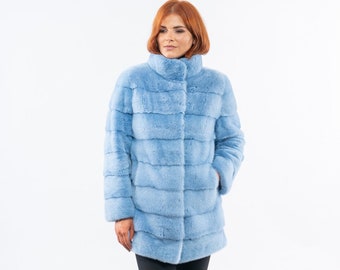 Blue mink fur coat with stand collar. Full skin mink fur, premium mink fur pelt, winter coat. Full skin mink fur stroller. Fur gift for her.