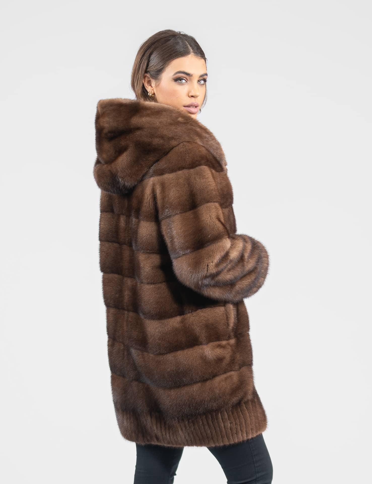 Demi Buff Real Mink Fur Coat With Hood. Warm Winter Women's Fur