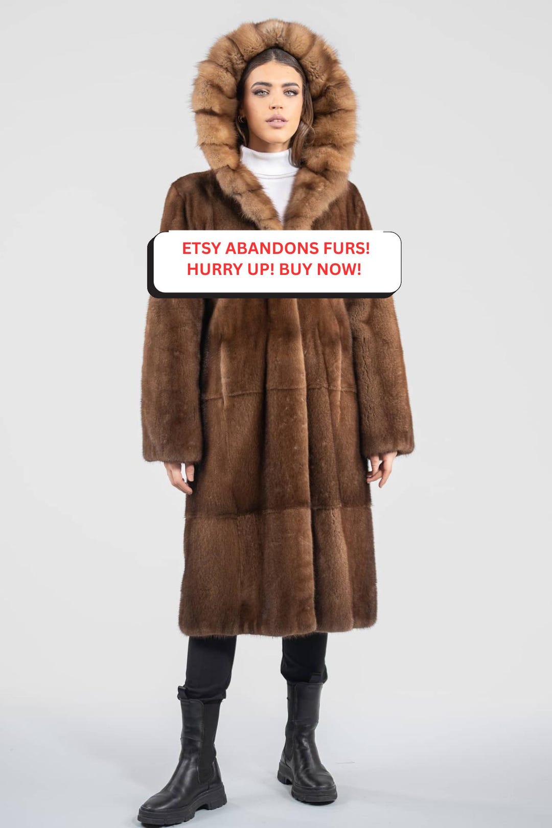 Full Length Demi-buff Mink Fur Coat With Sable Hood. Long Line