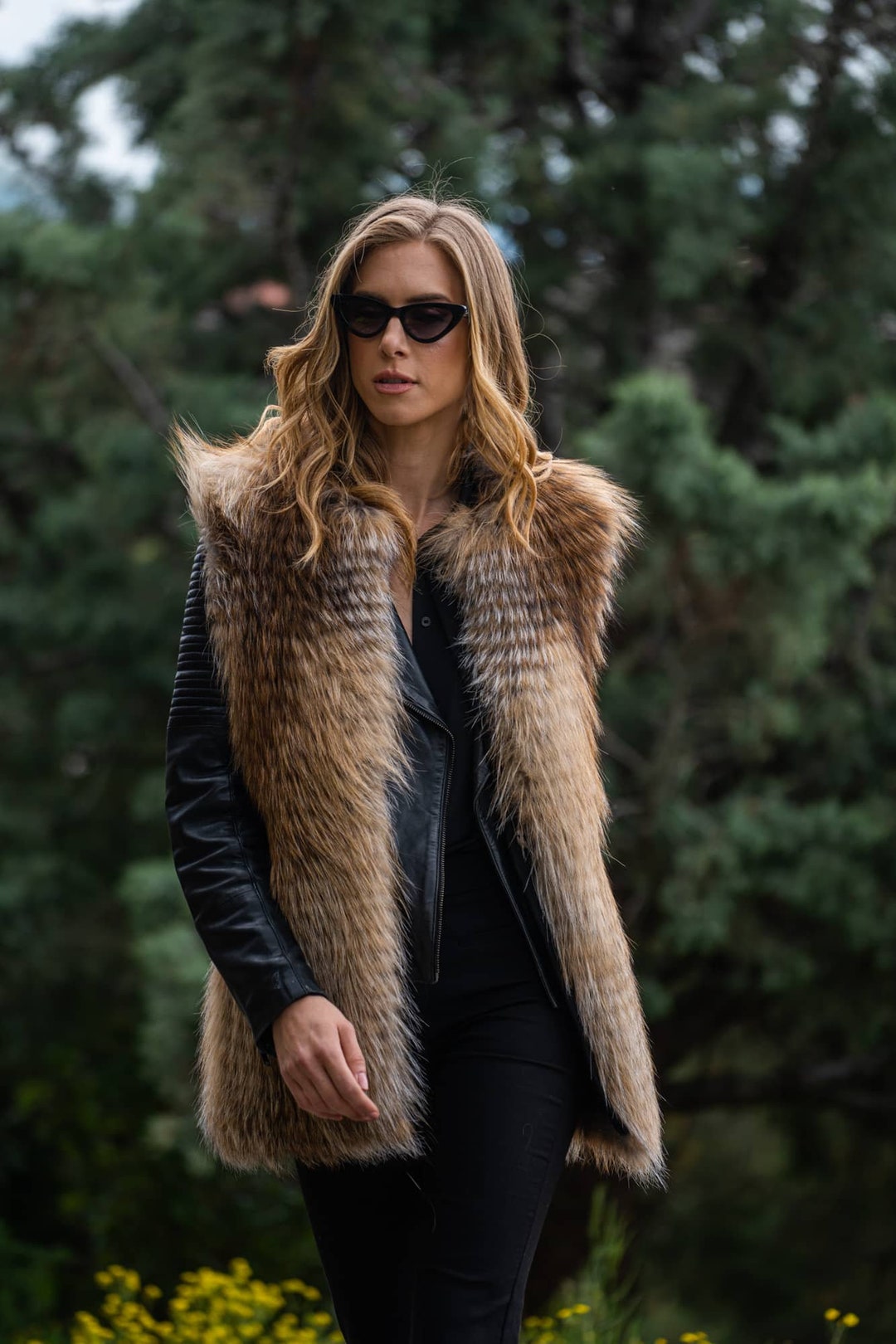 Gold Fox and Black Rabbit Fur Vest. Long Line Real Womens Fur Vest
