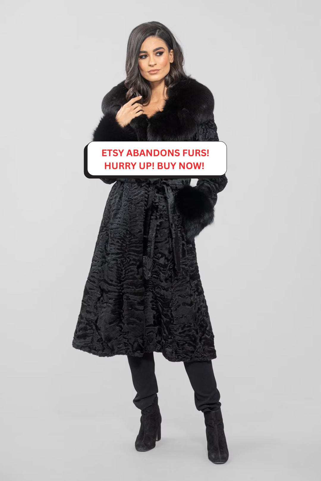 Long Line Black Astrakhan Fur Coat With Real Fox Fur and Belt