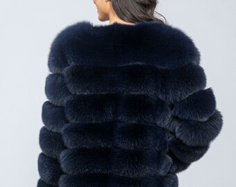 Blue - Black Real Fox Fur Jacket, Collarless Fluffy Fox Jacket