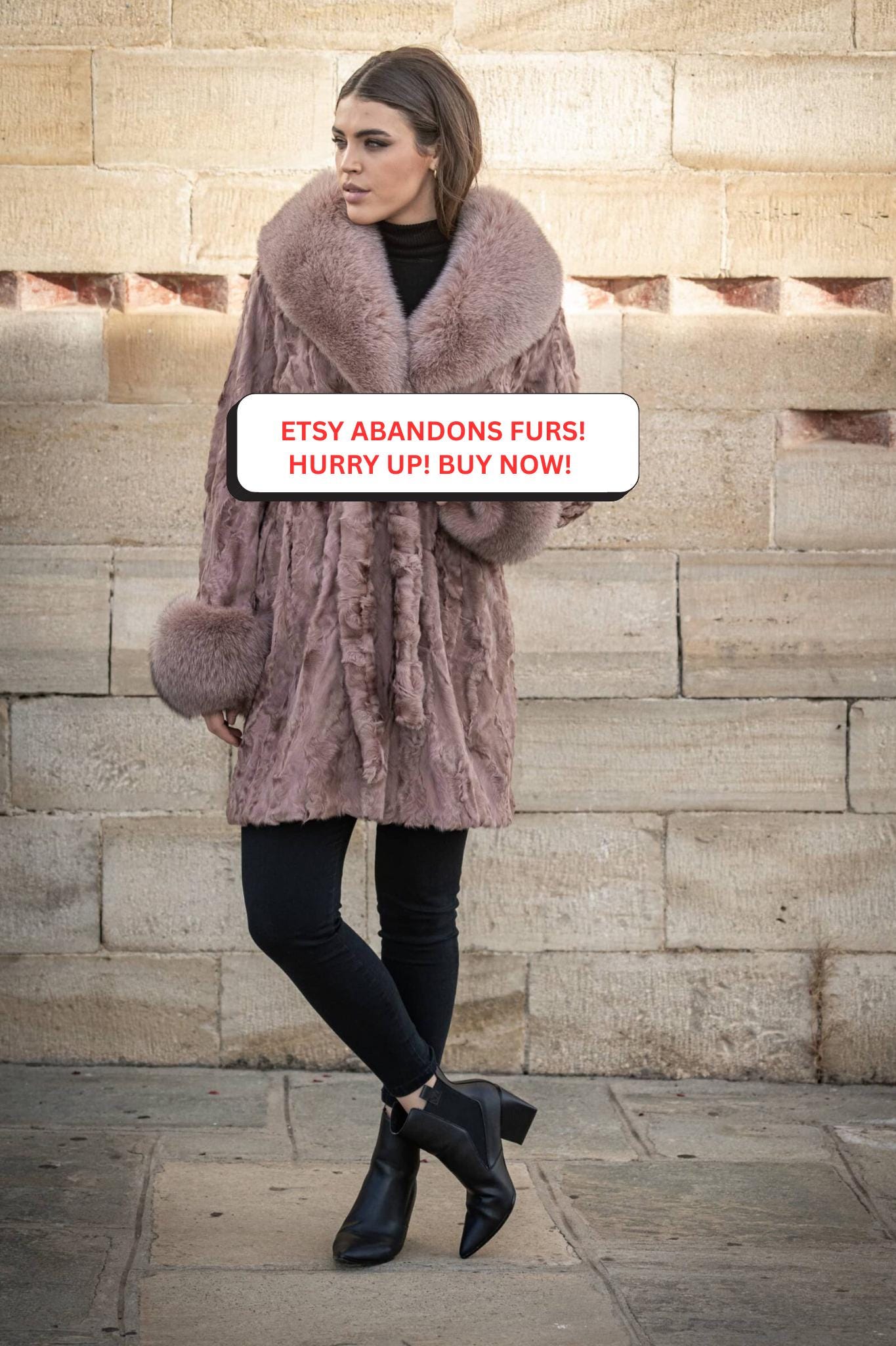 Salmon Real Astrakhan Fur Coat With Fluffy Fox Fur Collar and