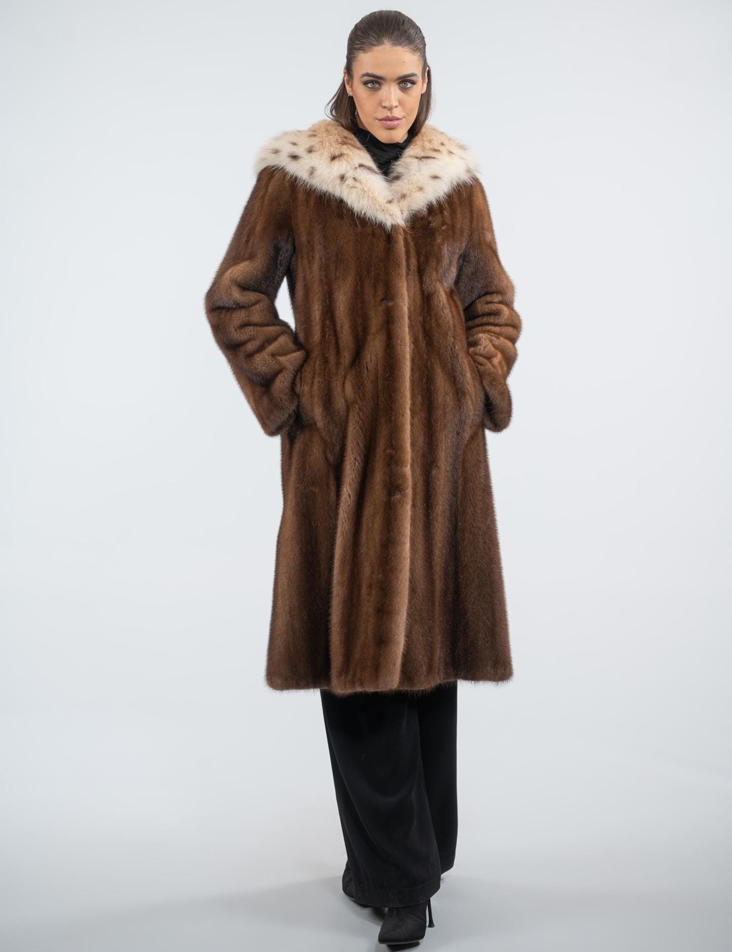 Long Line Demi Buff Real Mink Fur Coat With Hood. Brown Full Skin
