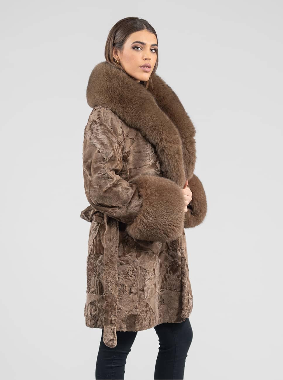 Long Line Brown Real Astrakhan Fur Coat. Fox Fur Collar and Cuffs