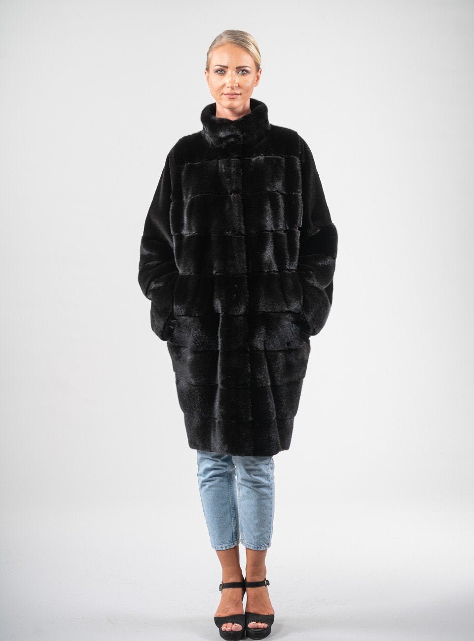BLACKGLAMA Full Skin Mink Fur Coat, Bat Sleeves, Custom Size