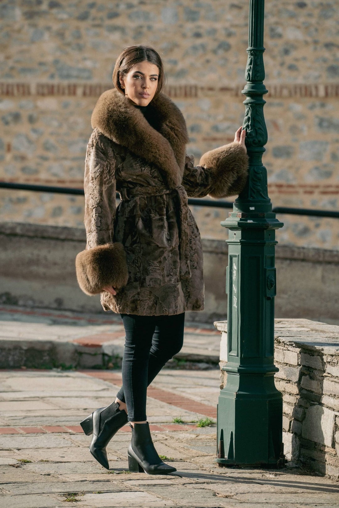 Long Line Brown Real Astrakhan Fur Coat. Fox Fur Collar and Cuffs