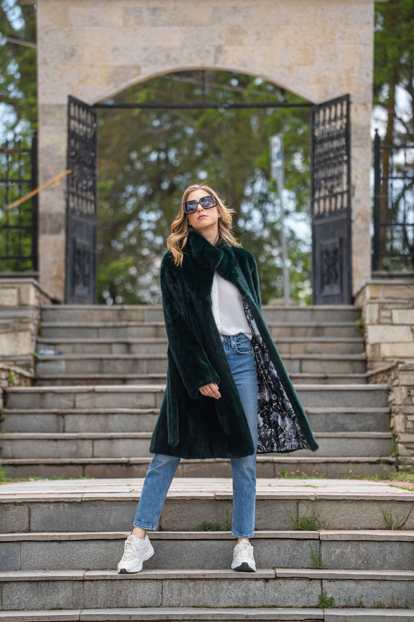 Long Line Dark Green Real Mink Fur Coat With Belt. Full