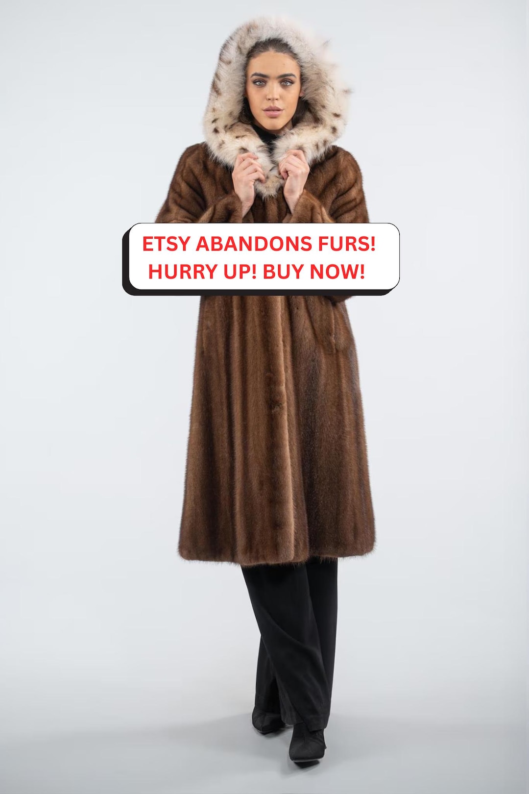 Long Line Demi Buff Real Mink Fur Coat With Hood. Brown Full Skin