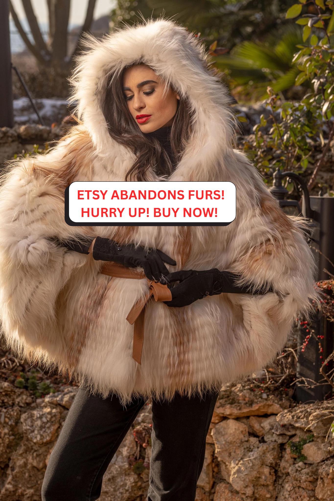 Fluffy Real Fox Fur Cape With Hood and Leather Belt. Winter Fur
