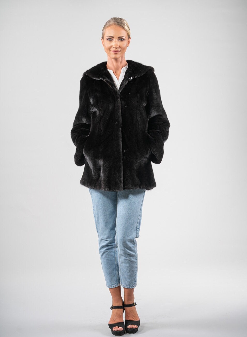BLACKGLAMA Mink Fur Coat With Hood. Outstanding Quality, Full Skin