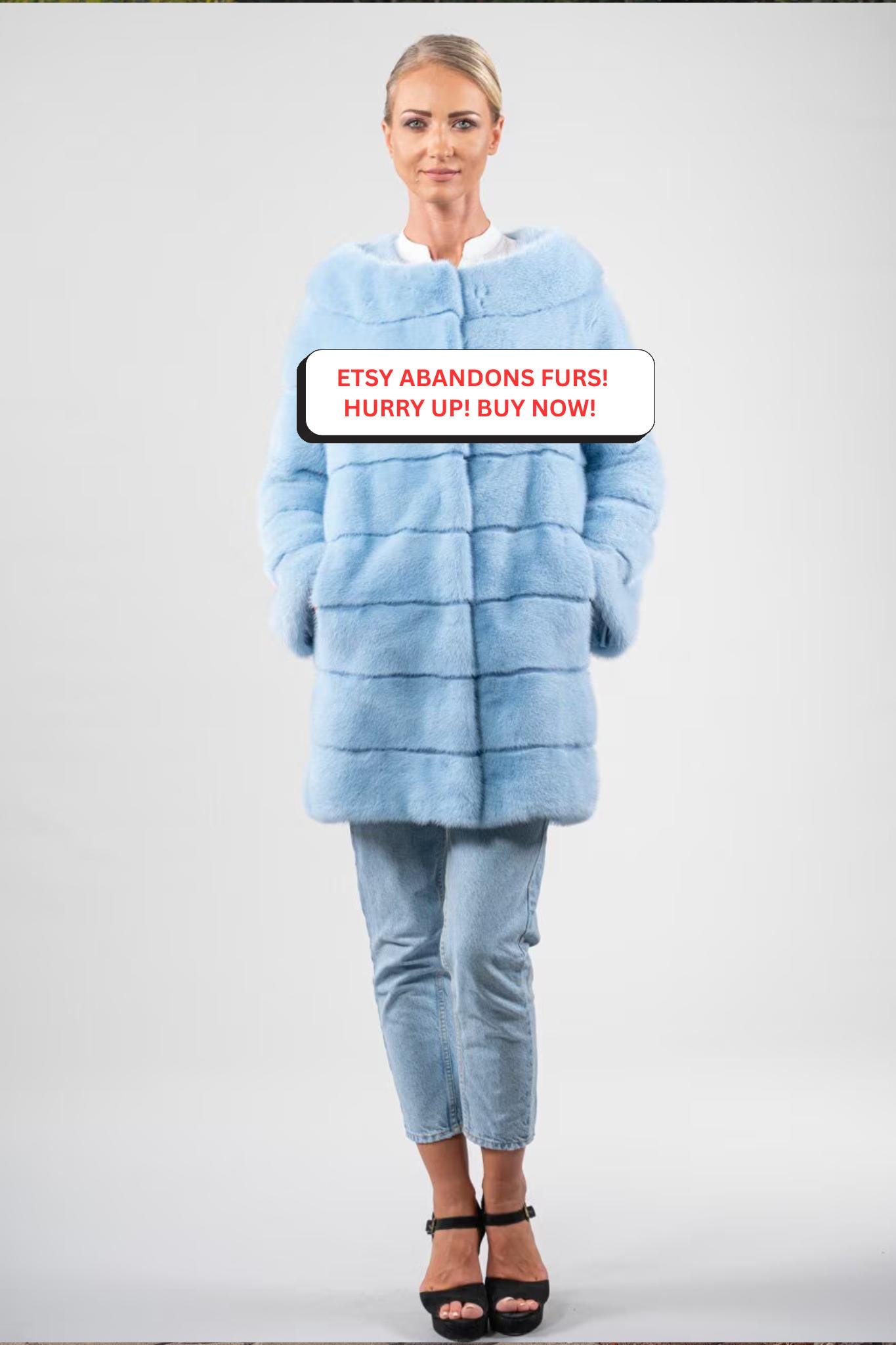 Ciel Collarless Mink Fur Coat. Channel Coat, 3/4 Removable Sleeves