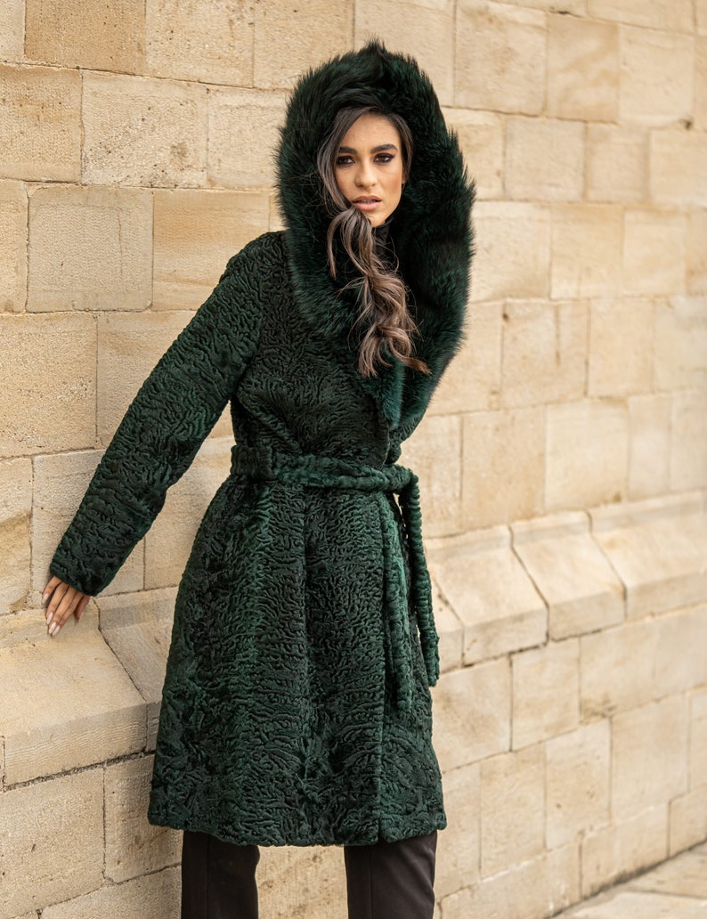 Long Line Astrakhan Fur Coat With Belt, Real Fox Fur Hood. Swakara