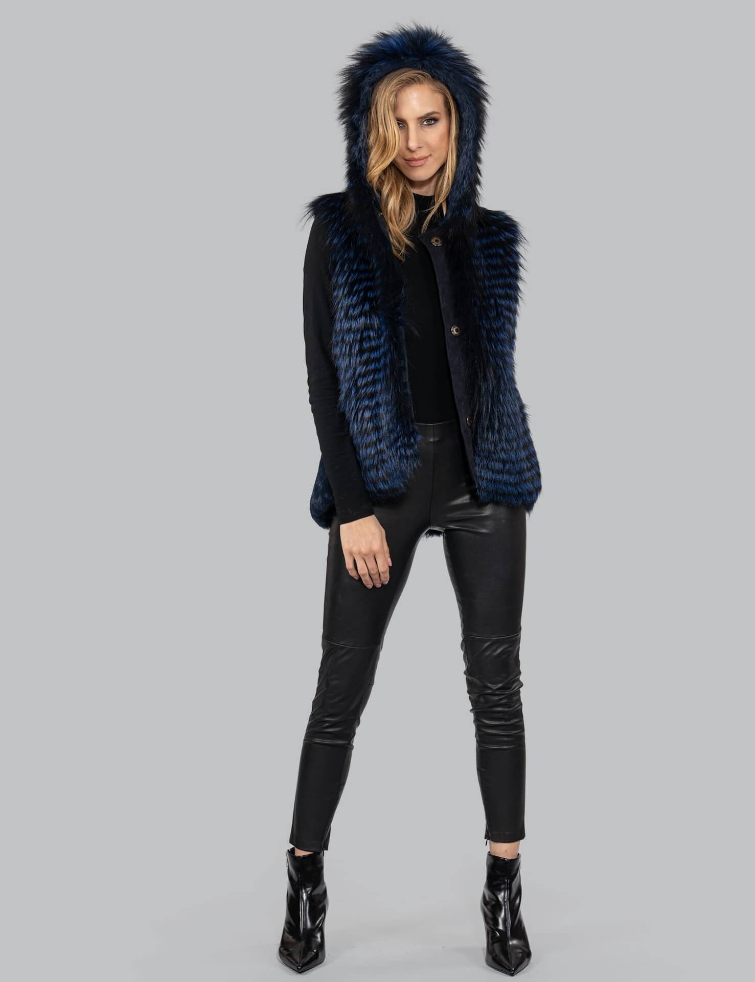 Hooded real fox and rabbit fur vest, dark blue color. Full skin high quality fur vest with hood. Modern womens fur vest. Luxury gift for her