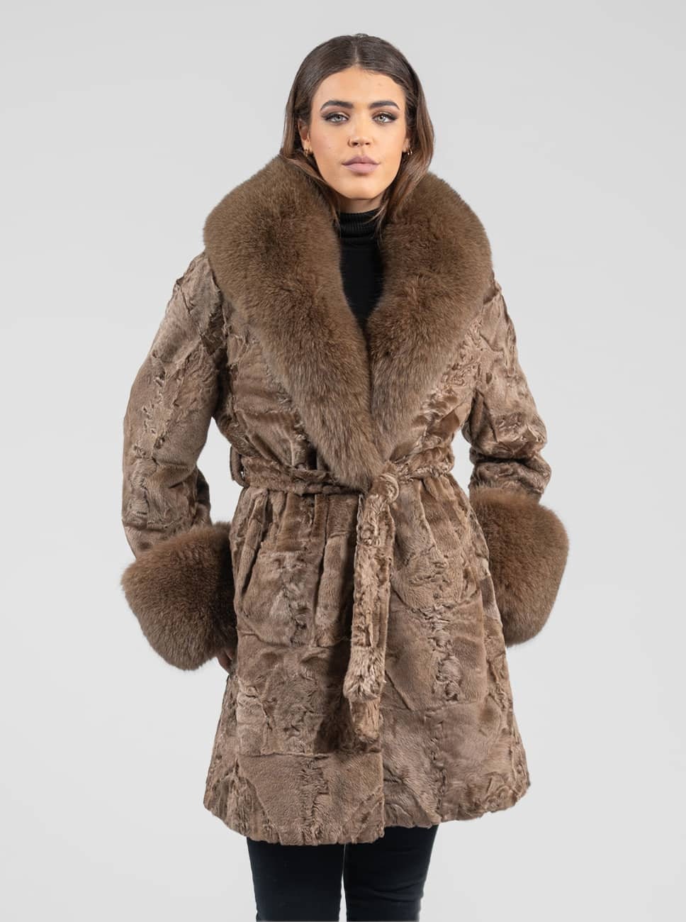 Long Line Brown Real Astrakhan Fur Coat. Fox Fur Collar and Cuffs