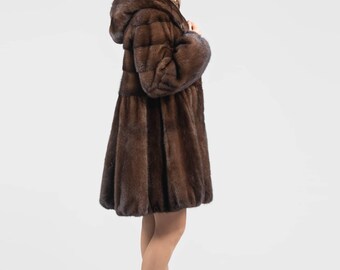 Demi – Buff Real Mink Fur Coat With Hood in a Baloo Line. Natural