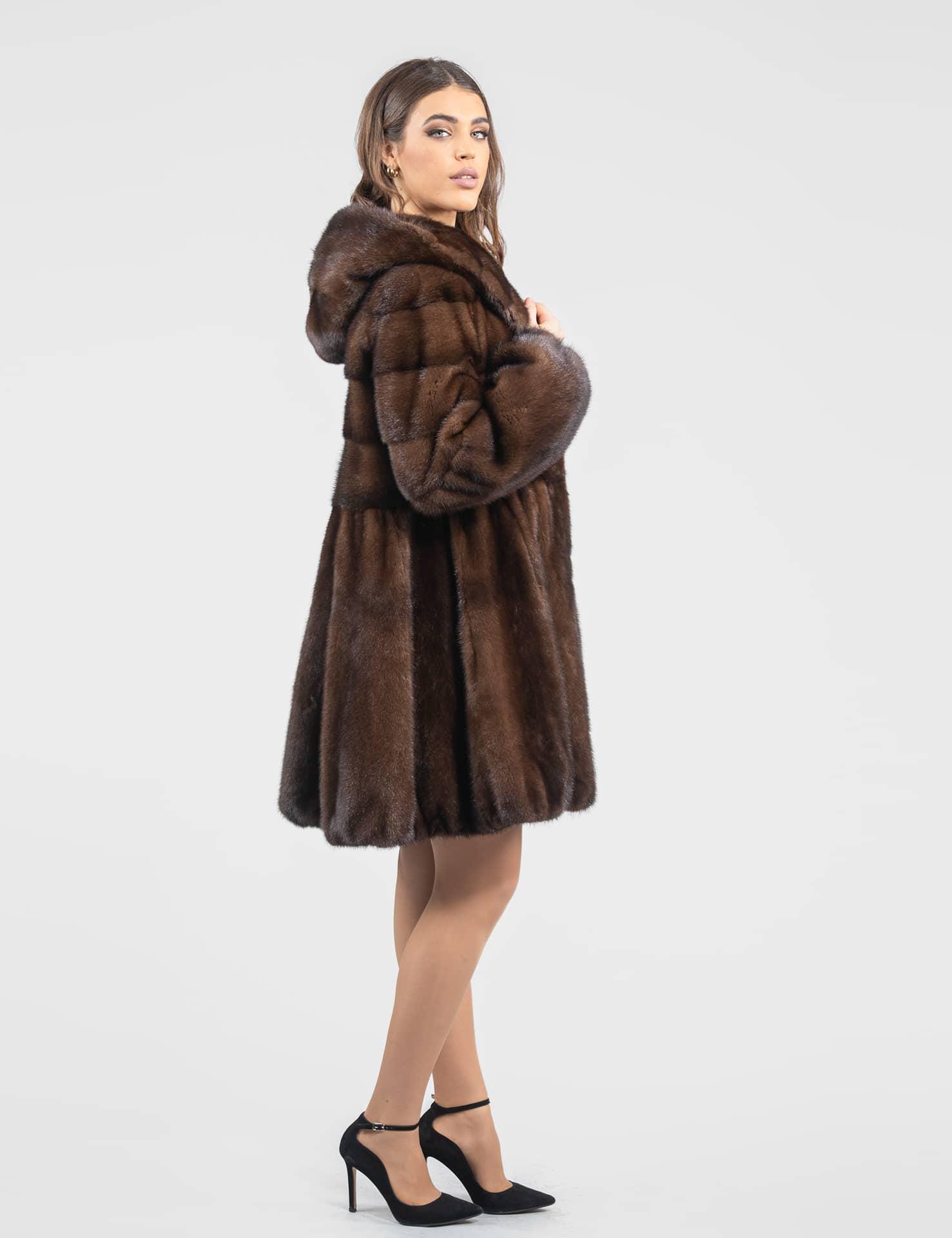 Demi – Buff Real Mink Fur Coat With Hood in a Baloo Line. Natural