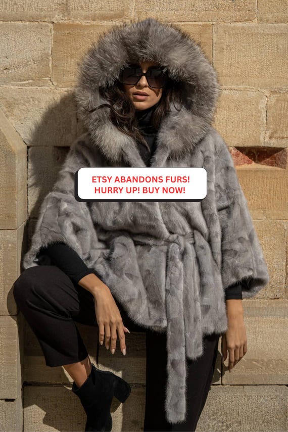 Real SAPPHIRE Mink Fur Cape With Hood and Belt. ONE SIZE, Natural