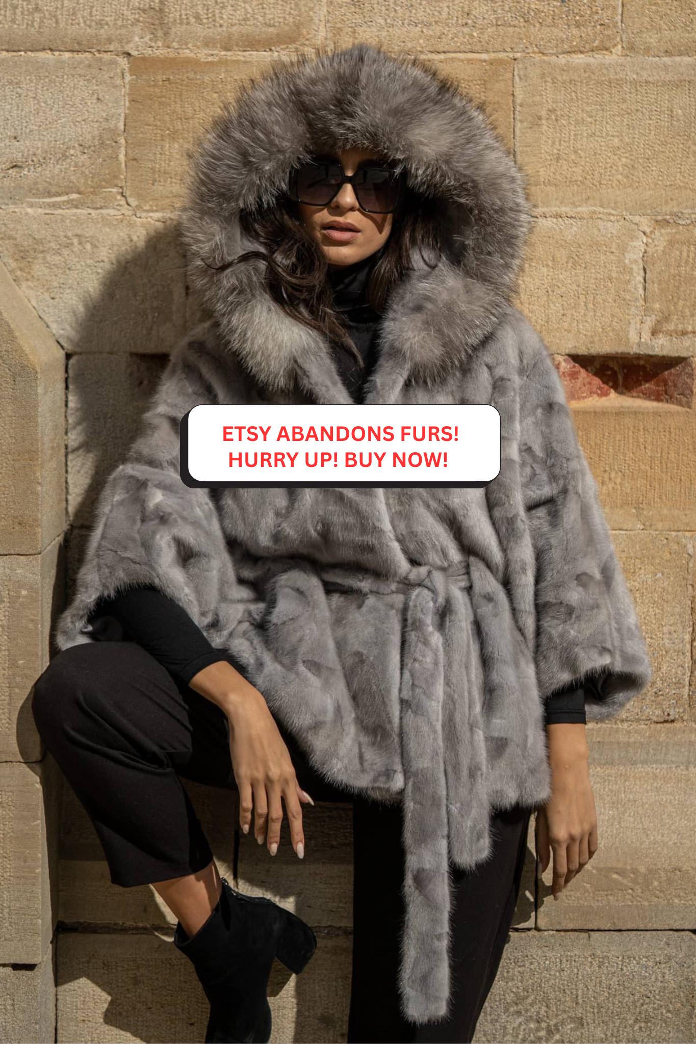 Real SAPPHIRE Mink Fur Cape With Hood and Belt. ONE SIZE, Natural