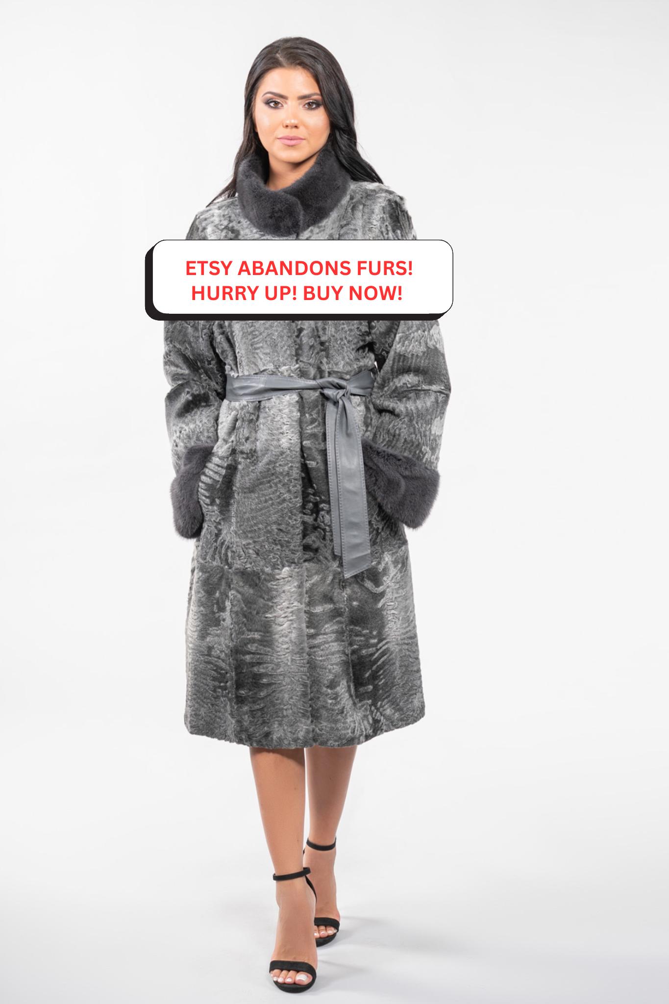Real Long Astrakhan Fur Coat With Mink and Leather Belt. Winter