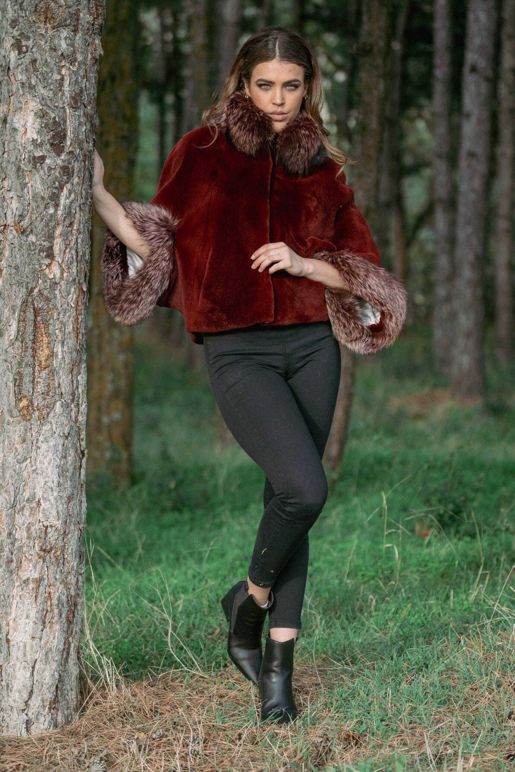 Burgundy Full Skin Real Mink Fur Cape With Fox Fur Collar and 