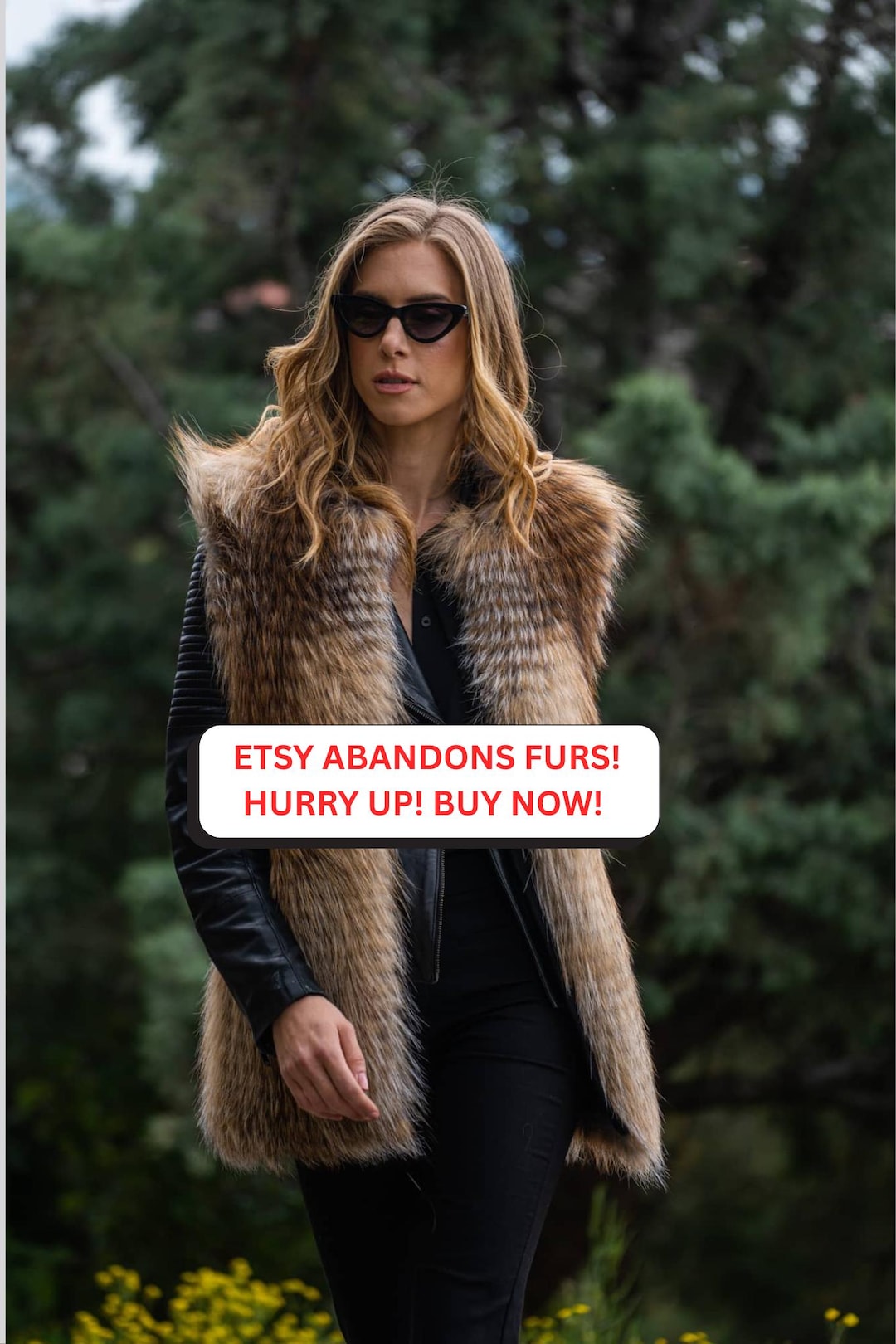 Gold Fox and Black Rabbit Fur Vest. Long Line Real Womens Fur Vest