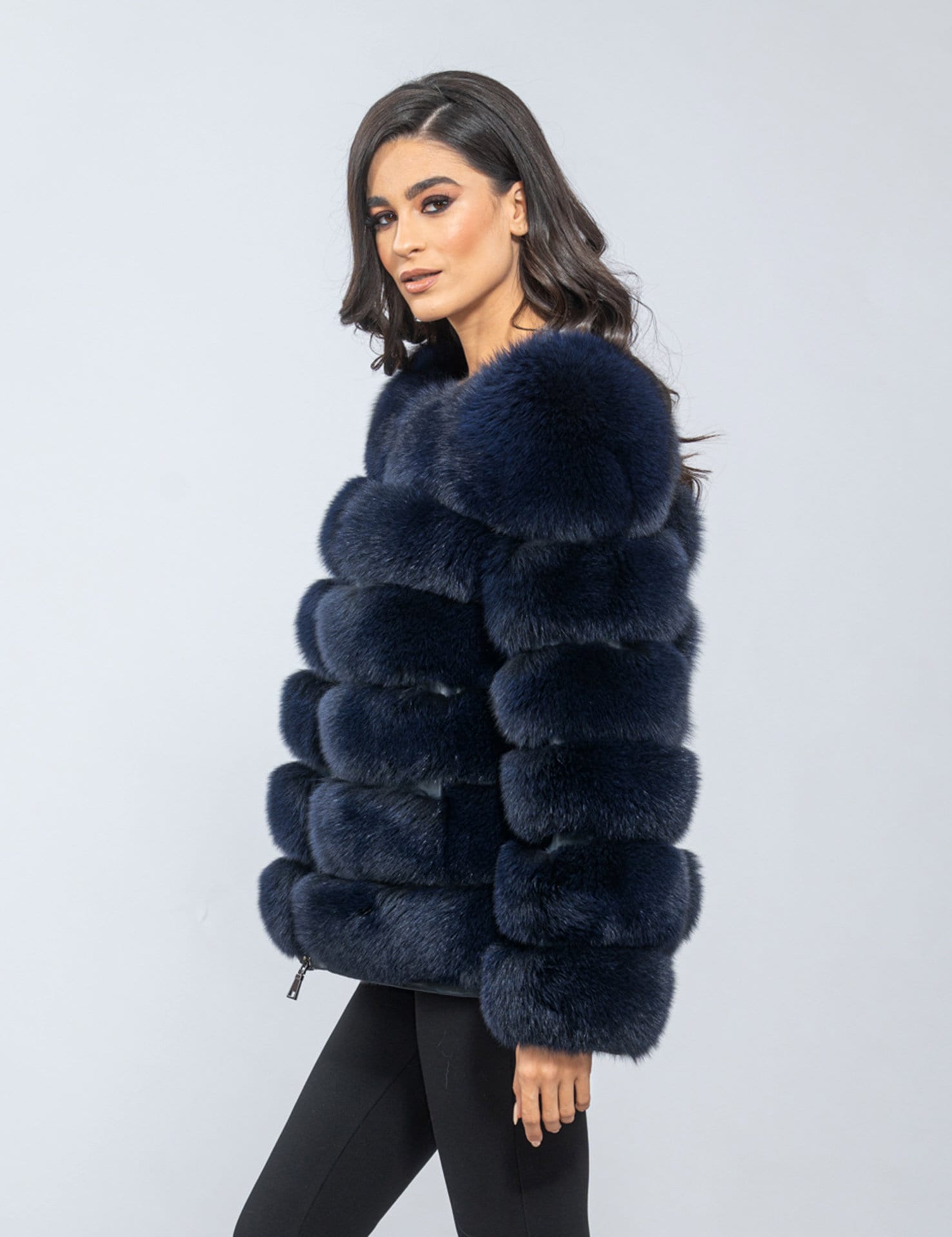 Blue - Black Real Fox Fur Jacket, Collarless Fluffy Fox Jacket