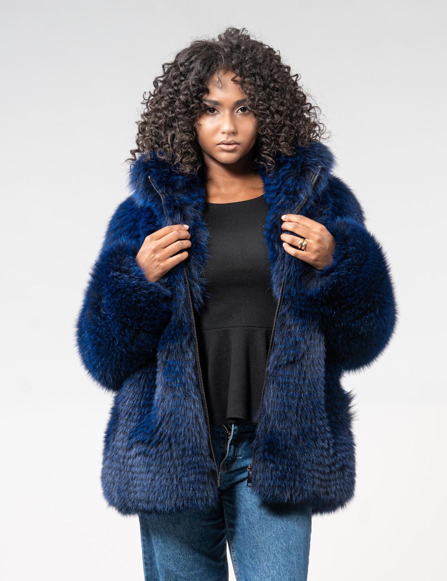 Blue Real Fox Fur Jacket With Zipper Closure. Full Skin Women's