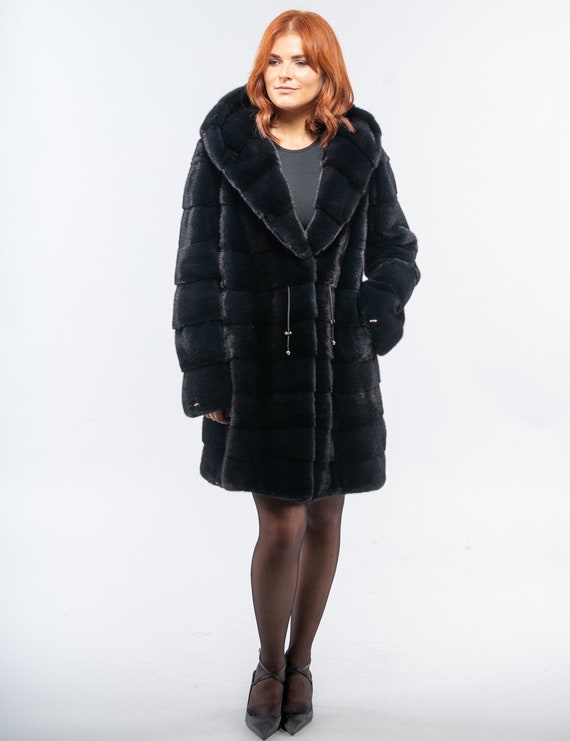 Blue Black Hooded Saga Mink Fur Coat With High Collar. - Etsy