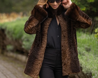 Brown Real Astrakhan Fur Jacket With Mink Fur Collar and Cuffs