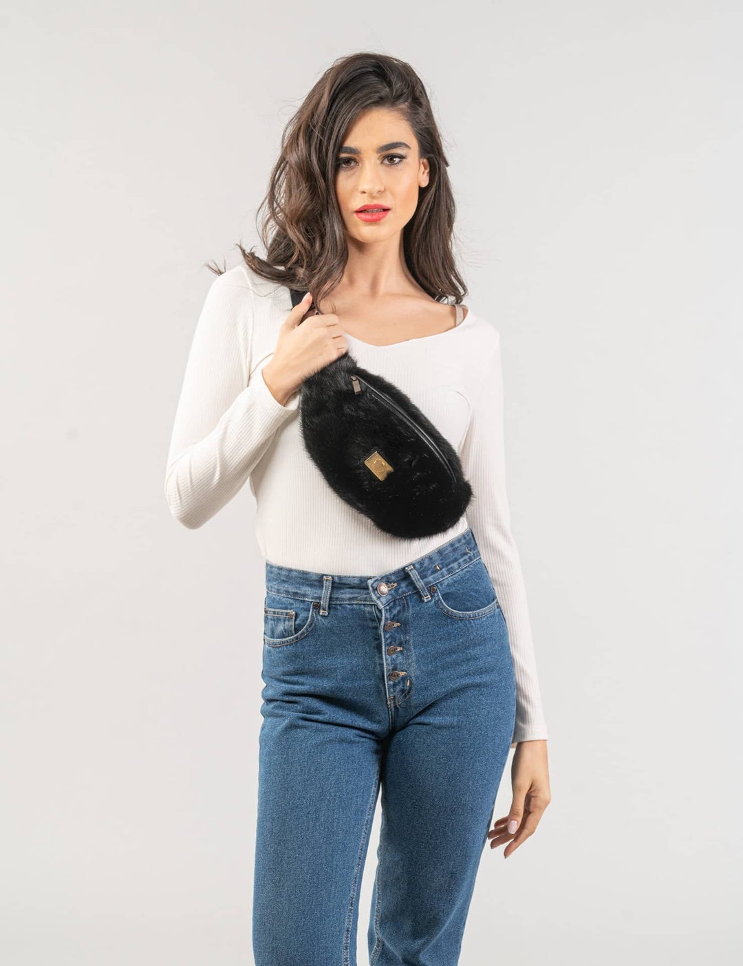 Black Saga Real Mink Fur Belt Bag for Women, With Zipper and