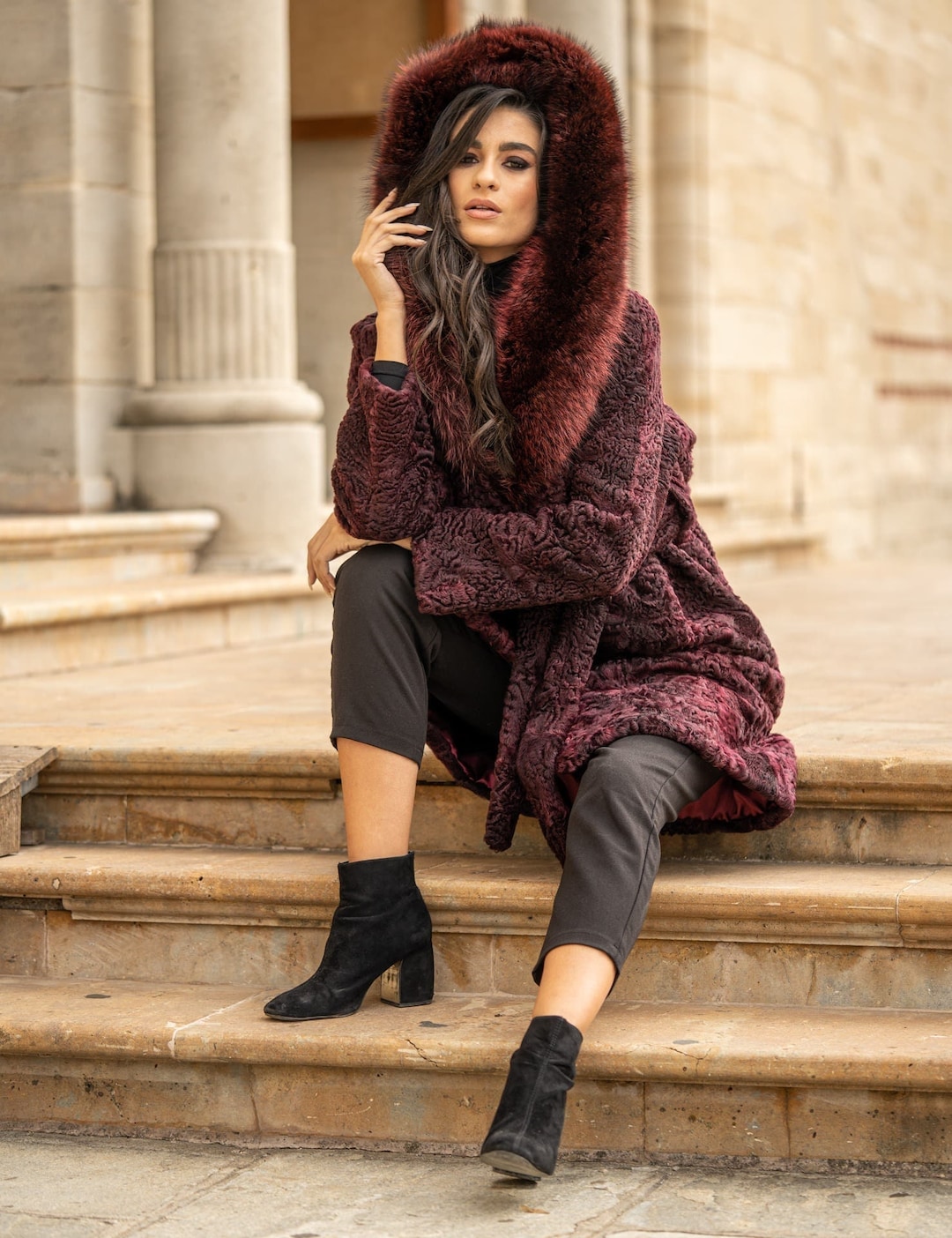 Long Line Astrakhan Fur Coat With Belt, Real Racoon Fur Hood. Swakara