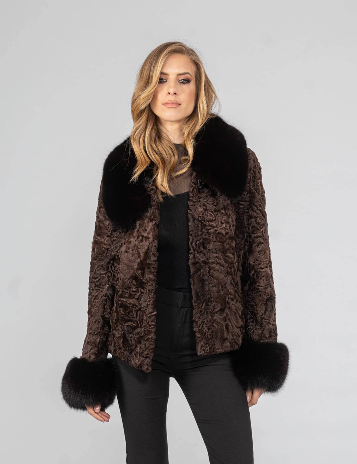 Dark Brown Real Astrakhan Fur Jacket With Fluffy Fox Fur Collar