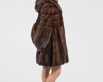 Demi – Buff Real Mink Fur Coat With Hood in a Baloo Line. Natural
