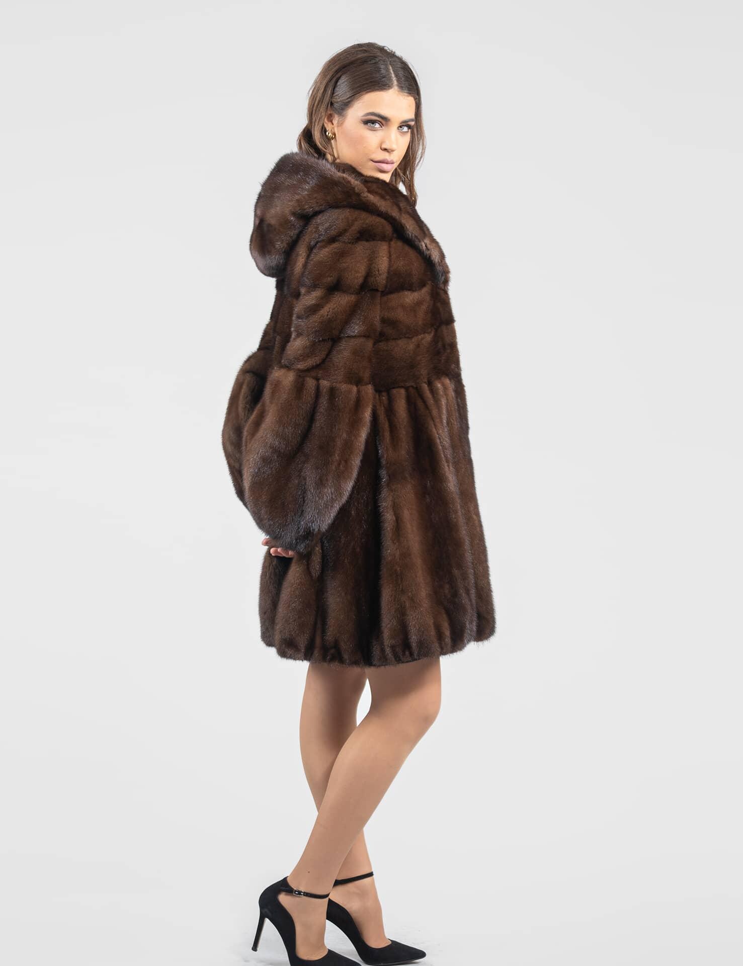 Demi – Buff Real Mink Fur Coat With Hood in a Baloo Line. Natural