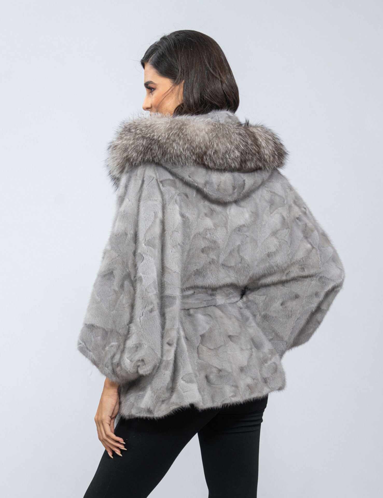 ジャケット・アウター fur belt outer gray Real SAPPHIRE Mink Fur Cape With Hood and Belt. ONE SIZE, Natural