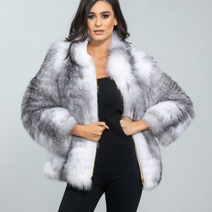 Arctic Marble Fox Fur Jacket. Natural color full skin real fox fur, winter jacket, impressive women's outerwear, warm jacket. Gift for her. image 2