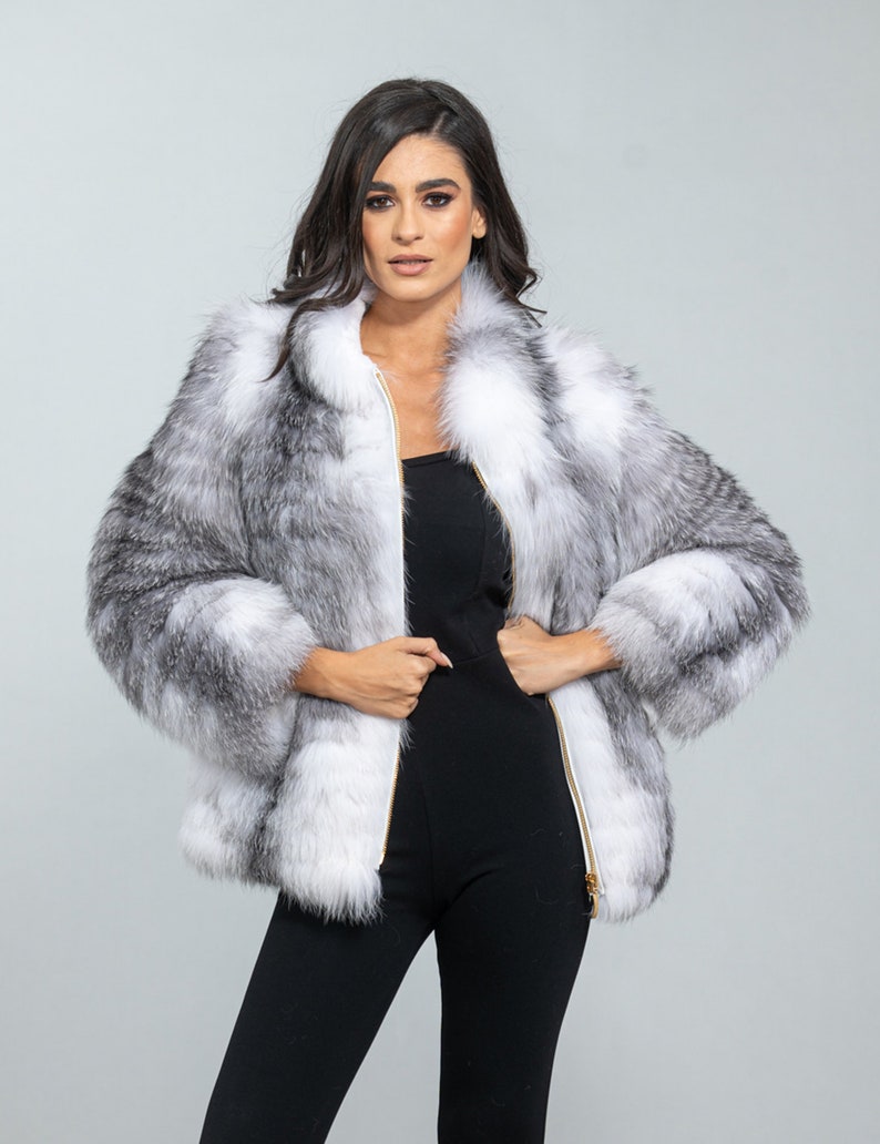 Arctic Marble Fox Fur Jacket. Natural color full skin real fox fur, winter jacket, impressive women's outerwear, warm jacket. Gift for her. image 2