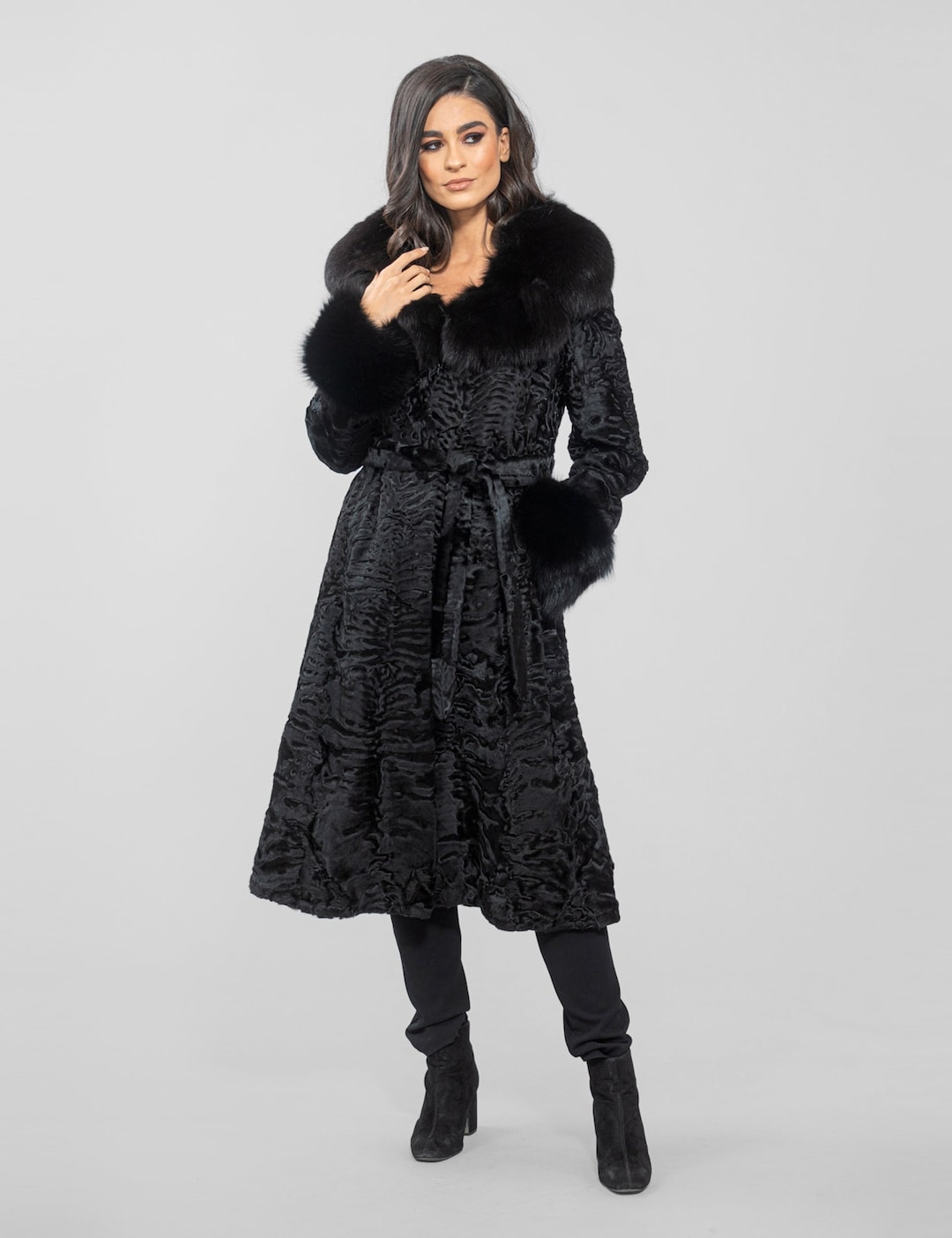 Long Line Black Astrakhan Fur Coat With Real Fox Fur and Belt. Swakara