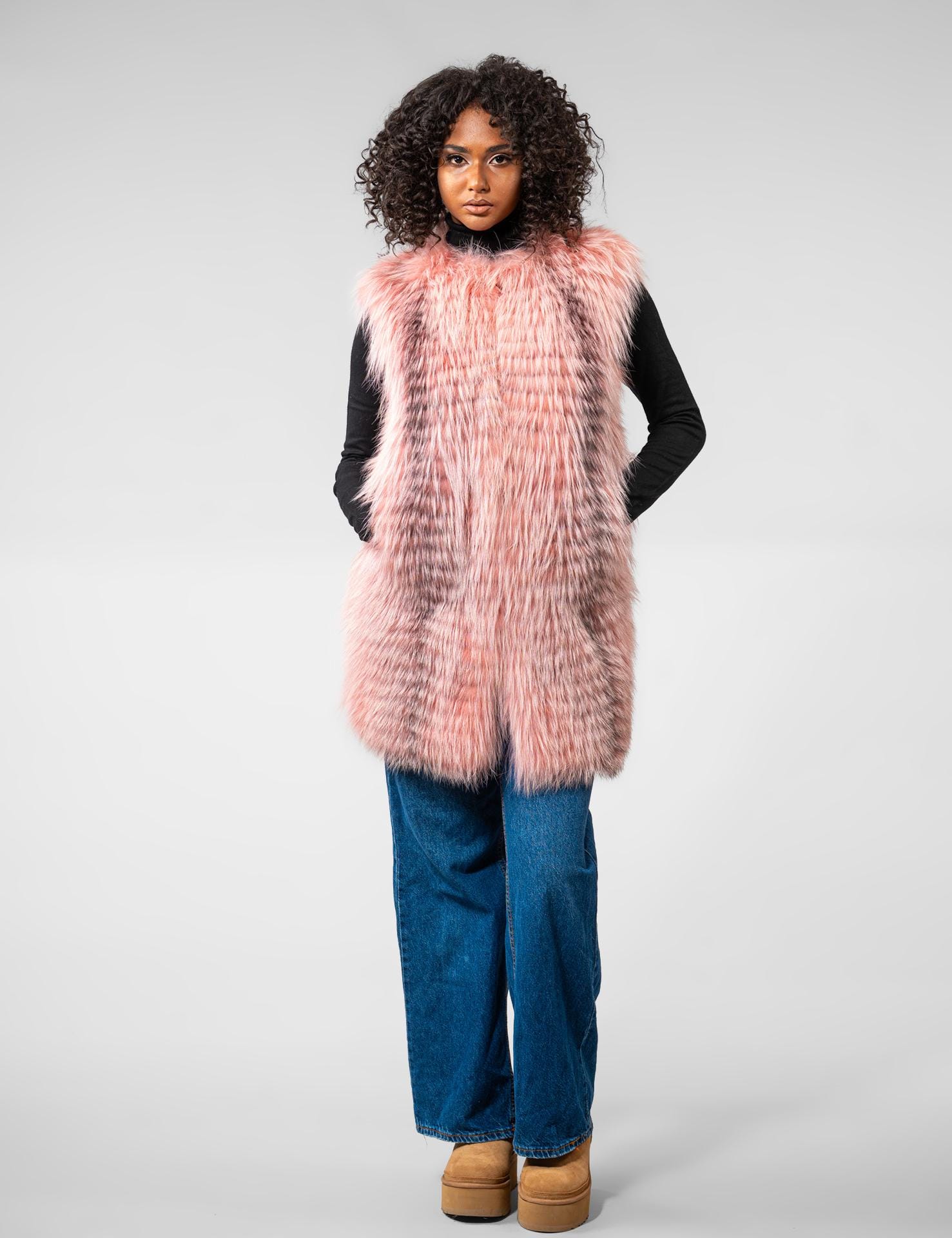 Pink Long Shaggy Vest ClodeEU Women's Winter Faux Fur Vest,Long